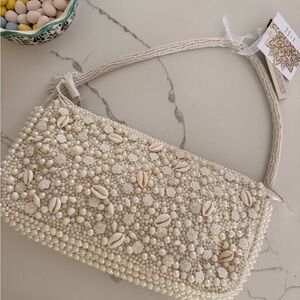 NWT VIRAL Beaded Pearl & Shell Embellished Shoulder Bag - Ivory